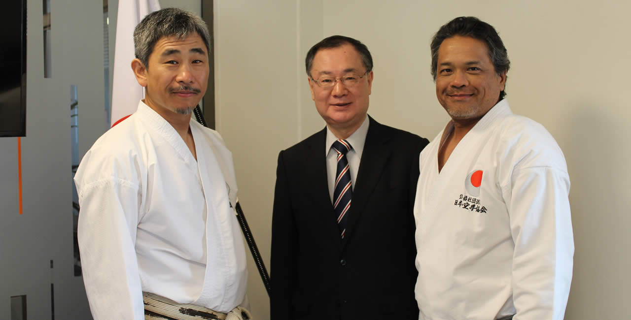(From left to right) - Chief Instructor Shihan Koichiro Okuma, His Excellency Yoshiharu Kato, Ambassador of Japan and Dr Didier Sam-Fat, President of JKA Mauritius.