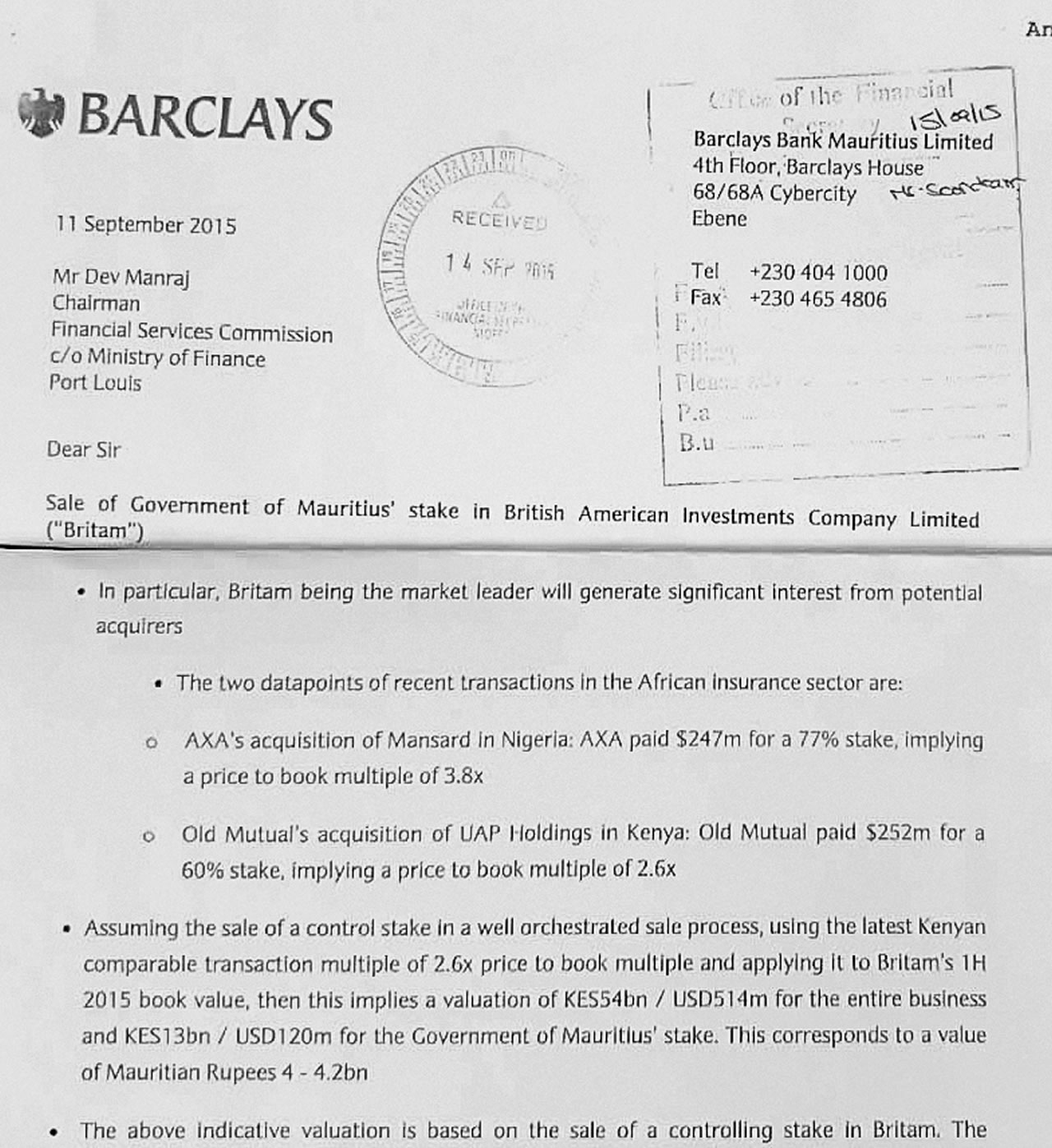 La Barclays Bank avait évalué les actions de l’ex-BAI à Rs 4 et Rs 4,2 milliards.